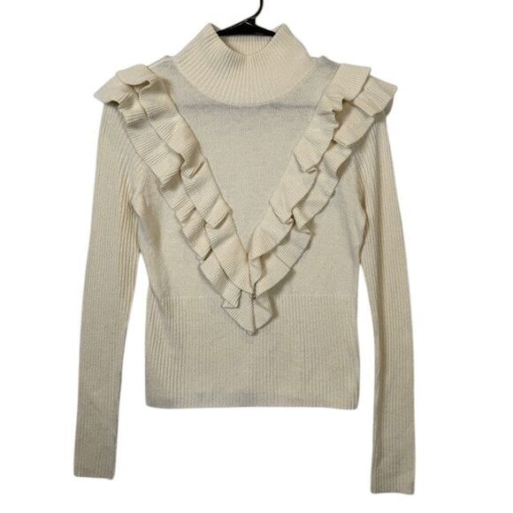 Cinq a Sept Cashmere Wool Blend Palomino Ribbed Ruffle Sweater Ivory Size Small - Picture 3 of 11